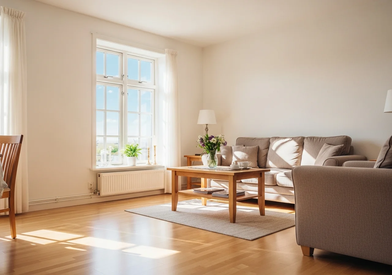 Helles, frisch gereinigtes Wohnzimmer einer Ferienwohnung