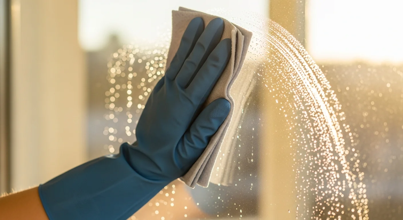 Streifenfrei gereinigte, glasklar glänzende Fensterscheibe im Sonnenlicht