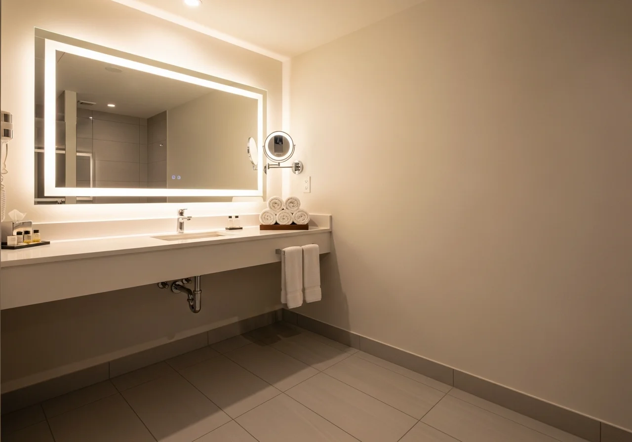 Blitzsauberes, modernes Hotelbadezimmer mit frischen Handtüchern