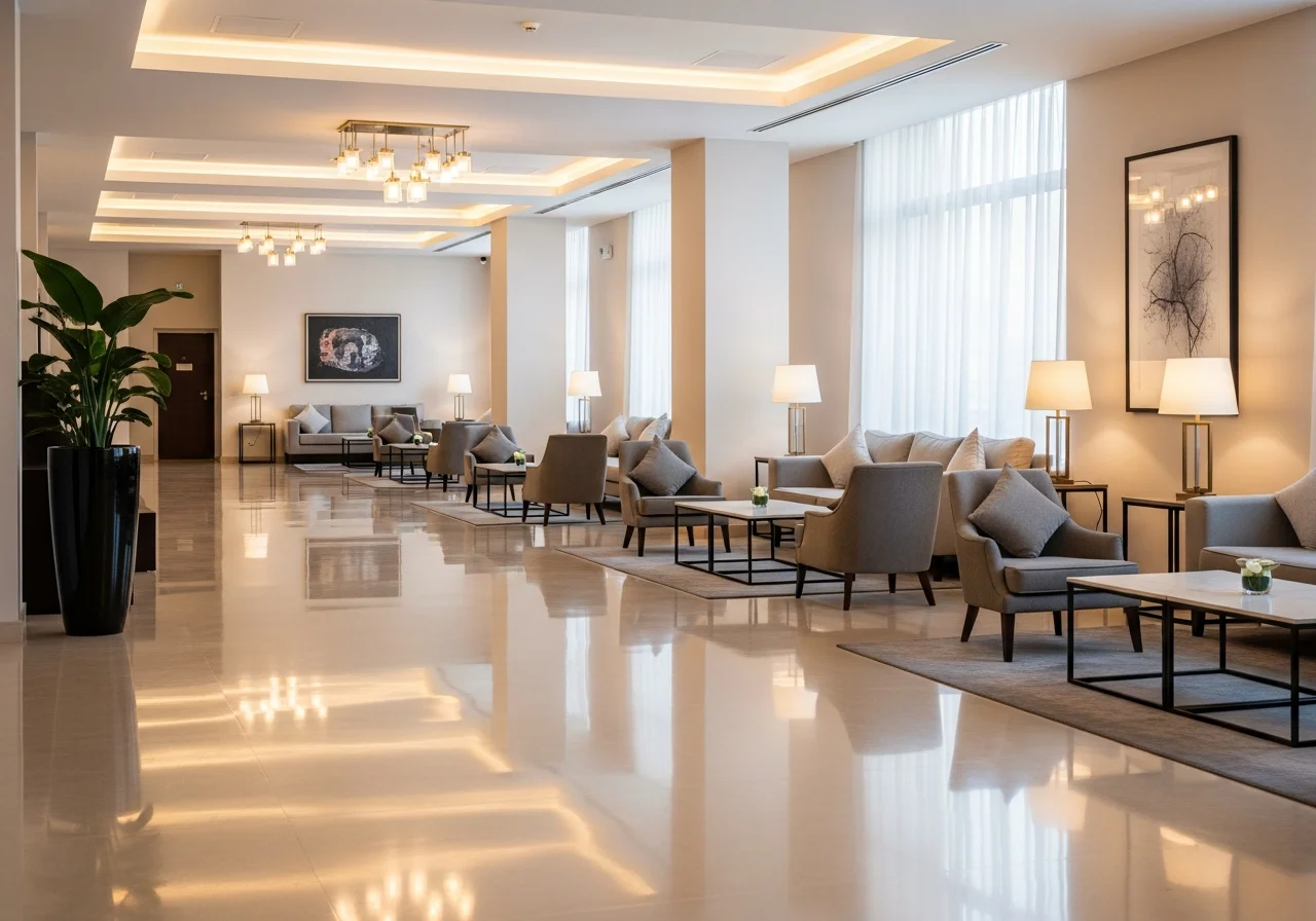 Saubere, einladende Hotellobby mit gepflegtem Sitzbereich