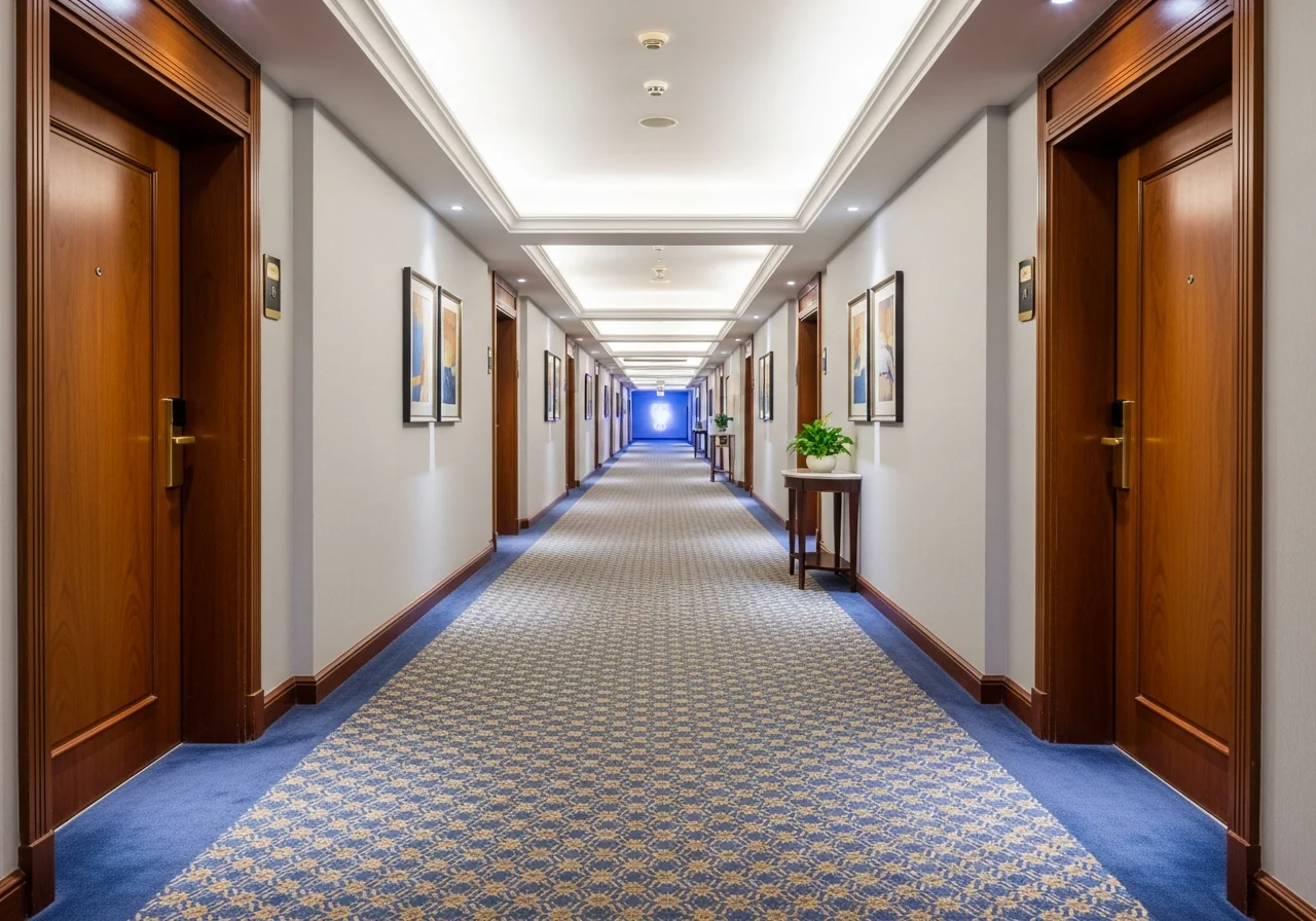 Gepflegter Hotelflur mit gesaugtem Teppich und aufgeräumten Türen