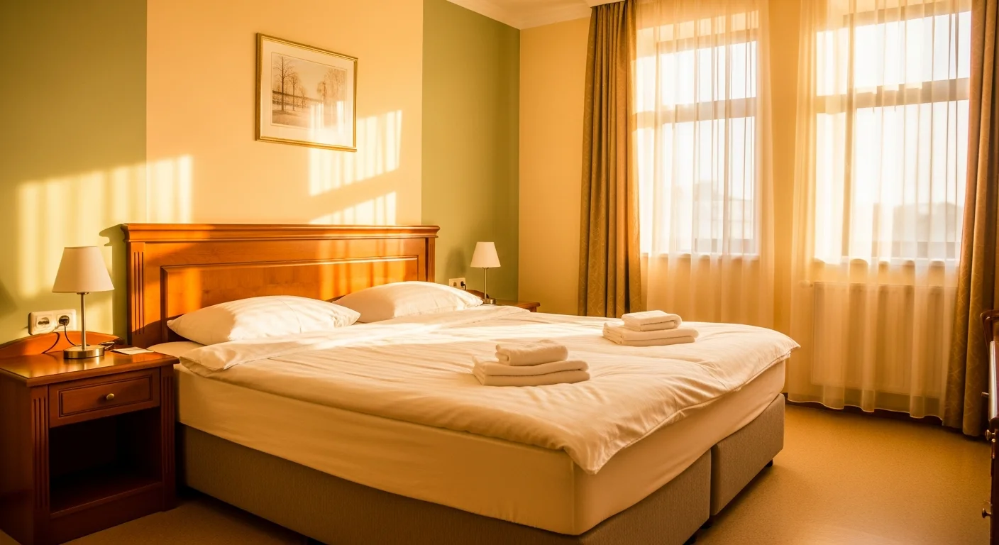 Makellos gereinigtes, einladendes Hotelzimmer im warmen Morgenlicht