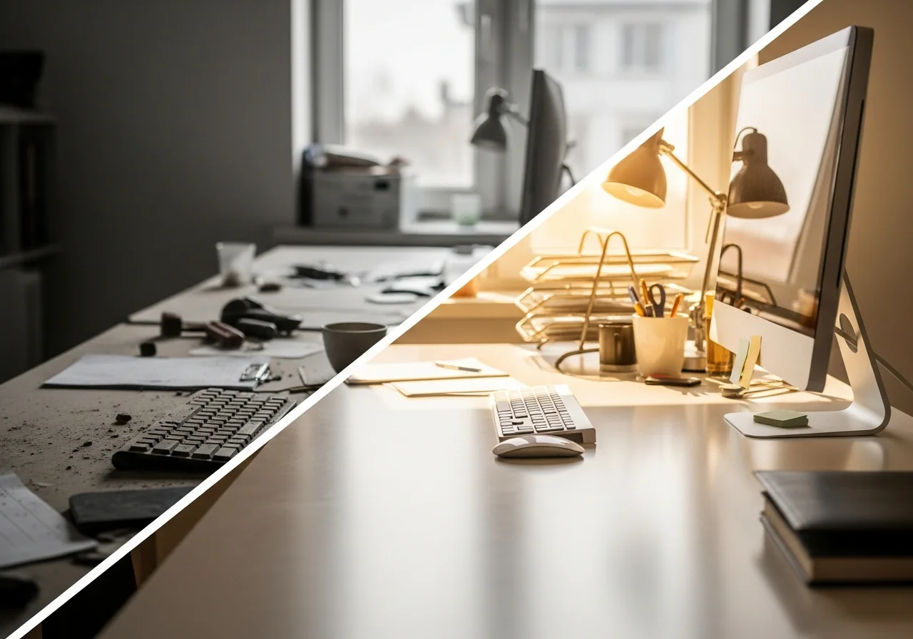 Vorher-Nachher: Büroreinigung eines Arbeitsplatzes